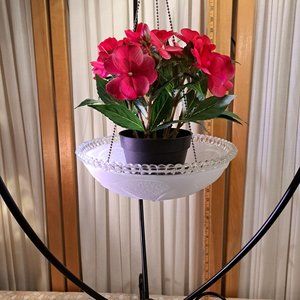 Beautiful antique hanging pressed glass white light shade bird bath or feeder,…
